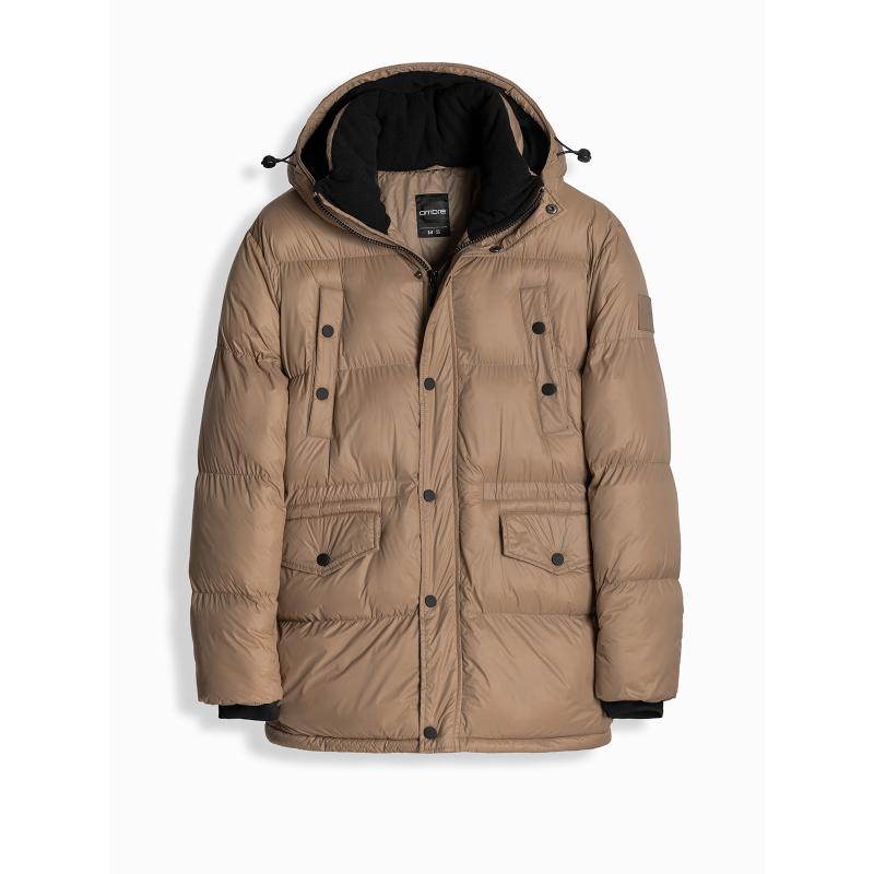 Pánská dlouhá péřová bunda s kapsami na patentky - hnědá V2