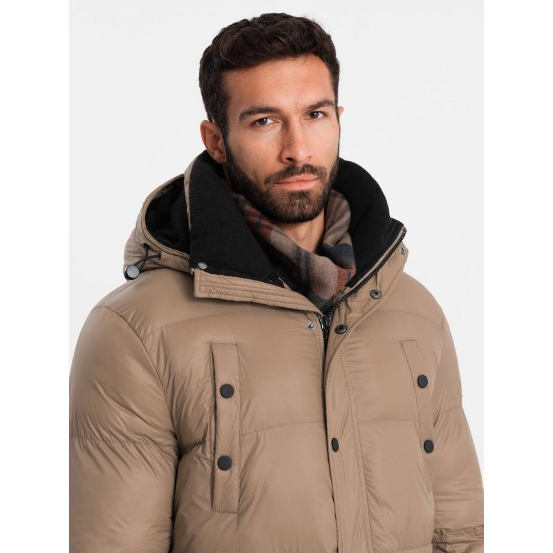 Pánská dlouhá péřová bunda s kapsami na patentky - hnědá V2