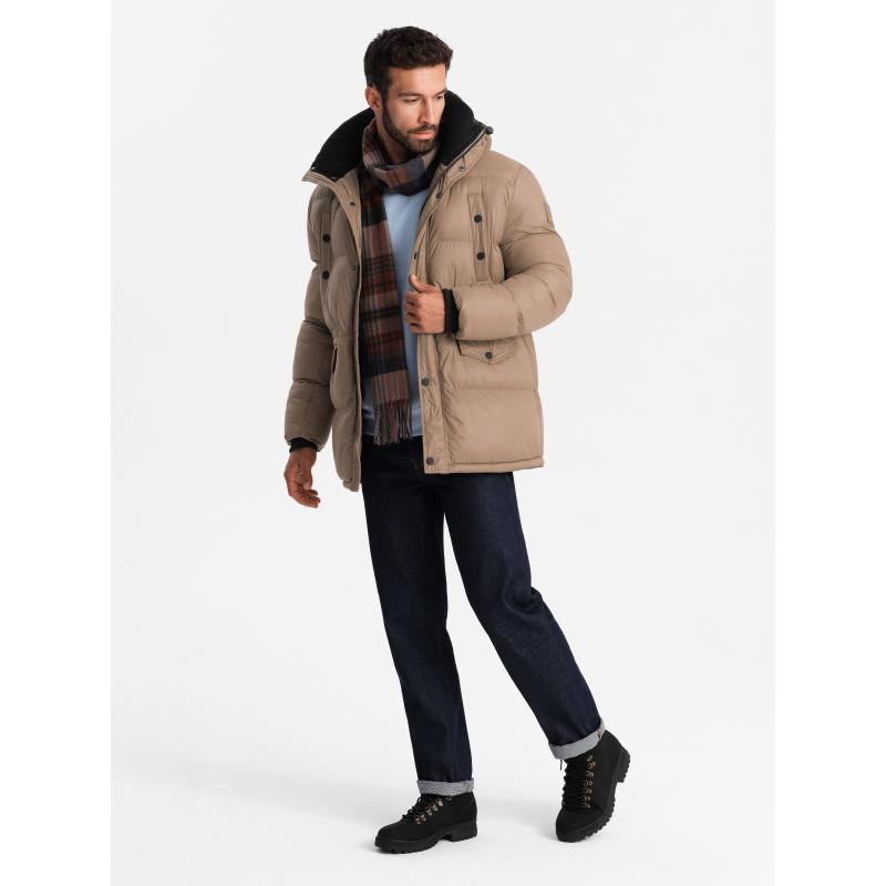Pánská dlouhá péřová bunda s kapsami na patentky - hnědá V2