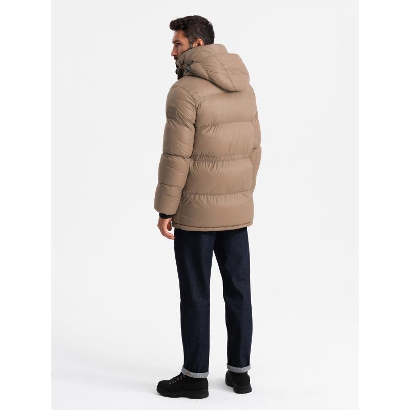 Pánská dlouhá péřová bunda s kapsami na patentky - hnědá V2