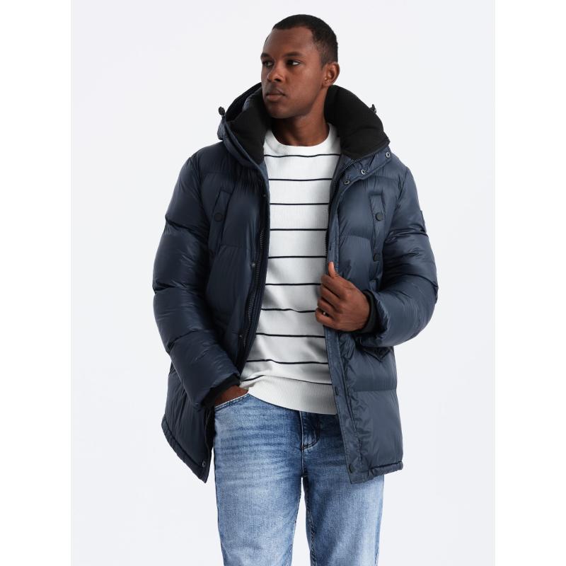 Férfi hosszú pehelypaplan dzseki foltos zsebekkel - sötétkék V3