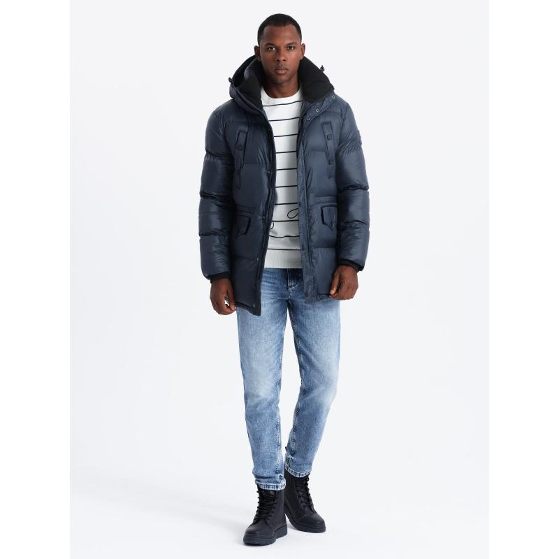 Férfi hosszú pehelypaplan dzseki foltos zsebekkel - sötétkék V3