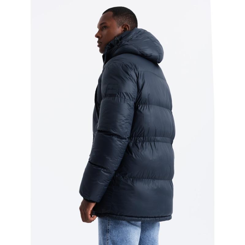 Férfi hosszú pehelypaplan dzseki foltos zsebekkel - sötétkék V3