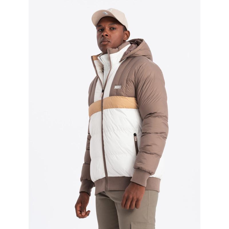 Pánská barevná sportovní retro bunda - béžová a bílá V2