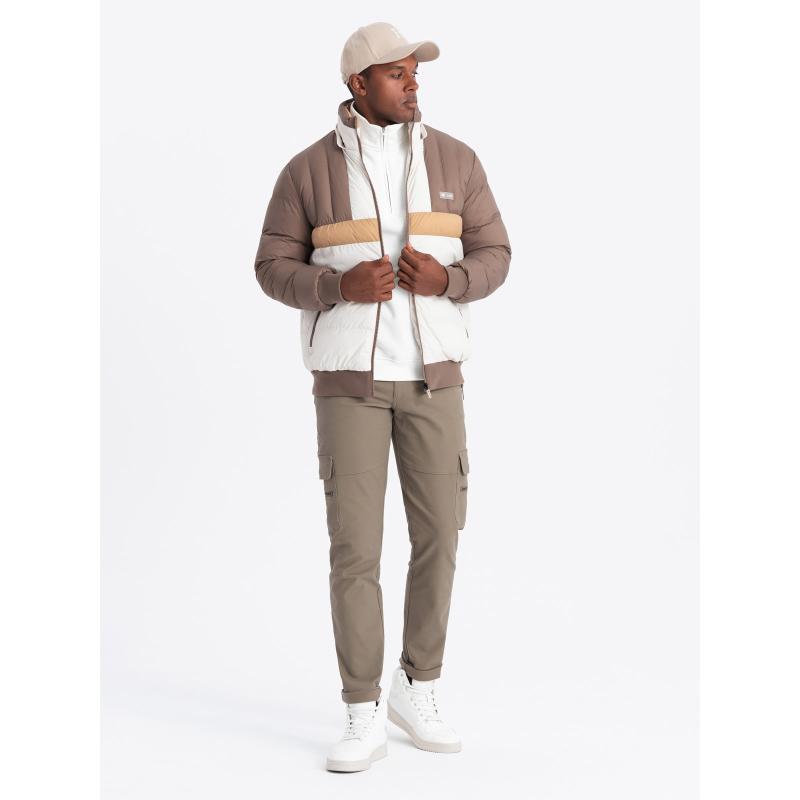 Pánská barevná sportovní retro bunda - béžová a bílá V2