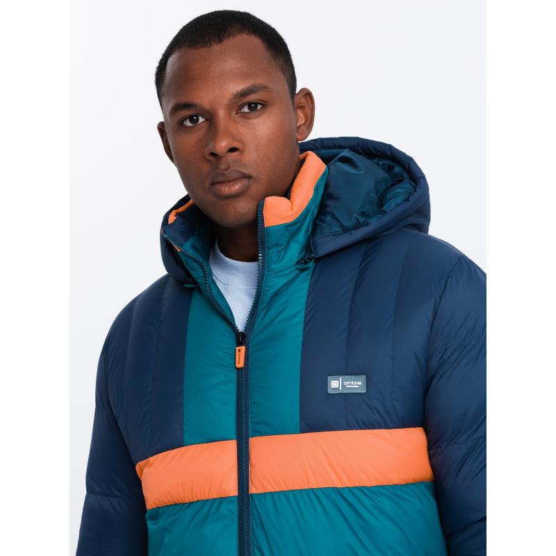 Pánská barevná sportovní retro bunda - tmavě modrá a oranžová V3