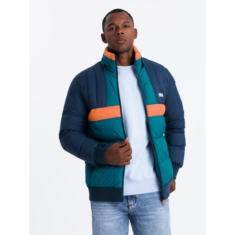 Pánská barevná sportovní retro bunda - tmavě modrá a oranžová V3