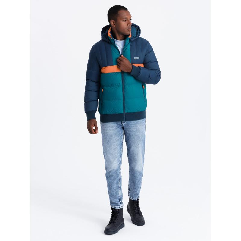 Pánská barevná sportovní retro bunda - tmavě modrá a oranžová V3