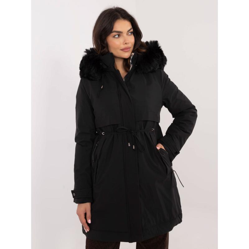 Fekete téli parka dzseki bordázott szegéllyel