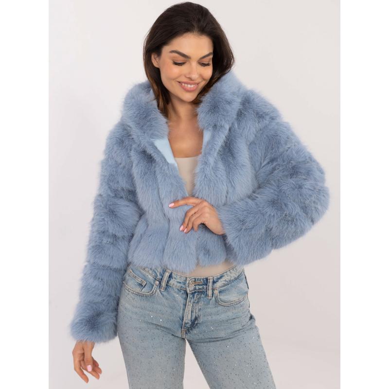 Světle modrá bunda s umělou kožešinou a kapucí