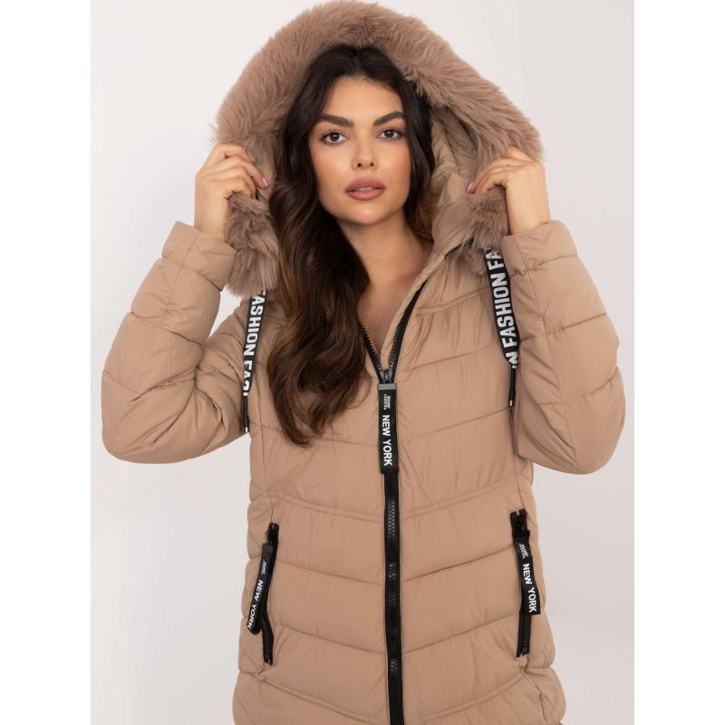 Béžová dlhá zimná bunda s kapucňou