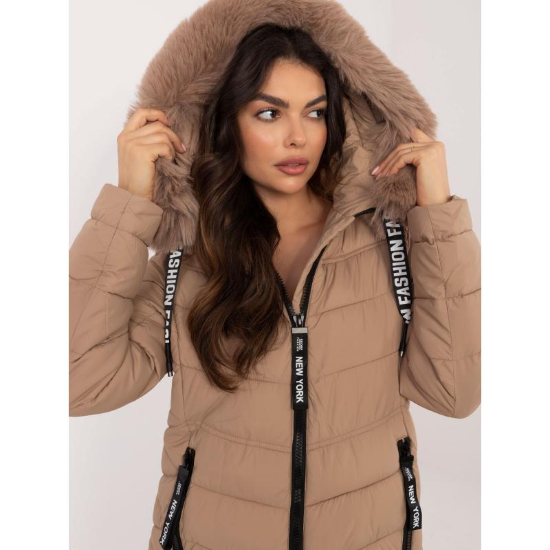 Béžová dlhá zimná bunda s kapucňou