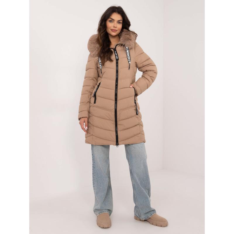 Béžová dlhá zimná bunda s kapucňou