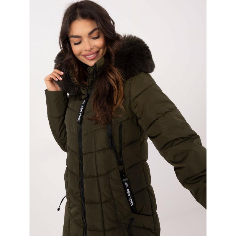 Khaki dlouhá zimní bunda s kapsami