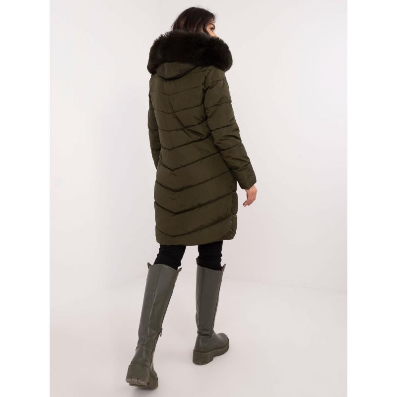 Khaki dlouhá zimní bunda s kapsami
