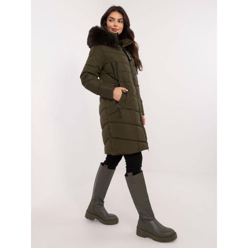 Khaki dlouhá zimní bunda s kapsami