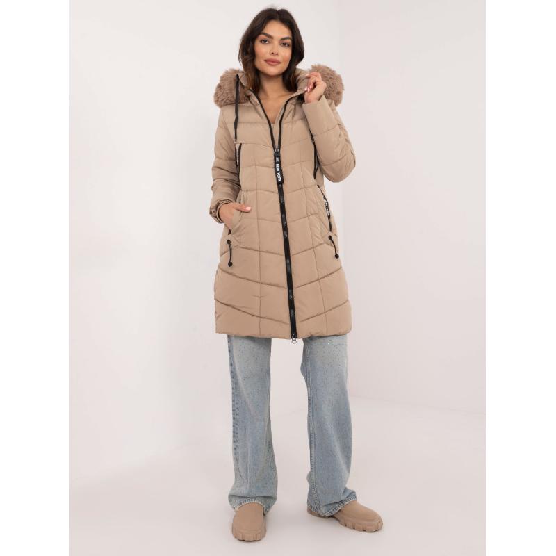 Béžová dlouhá zimní bunda s žebrovanými lemy