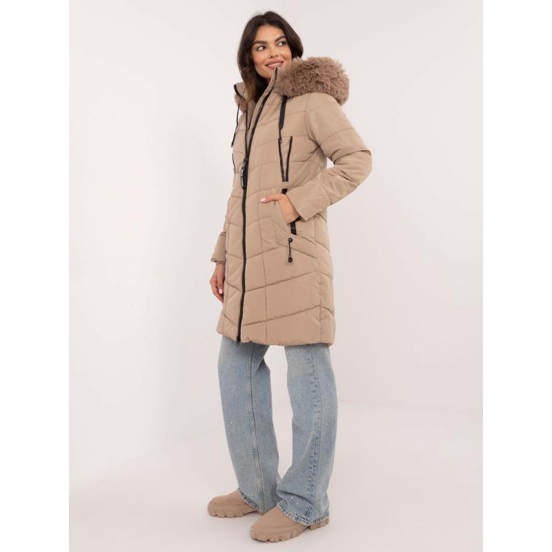 Béžová dlouhá zimní bunda s žebrovanými lemy