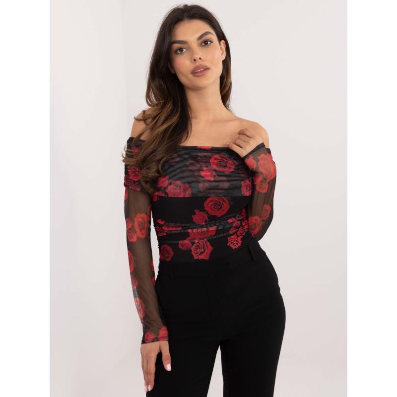 Fekete-piros hálós pöttyös blúz