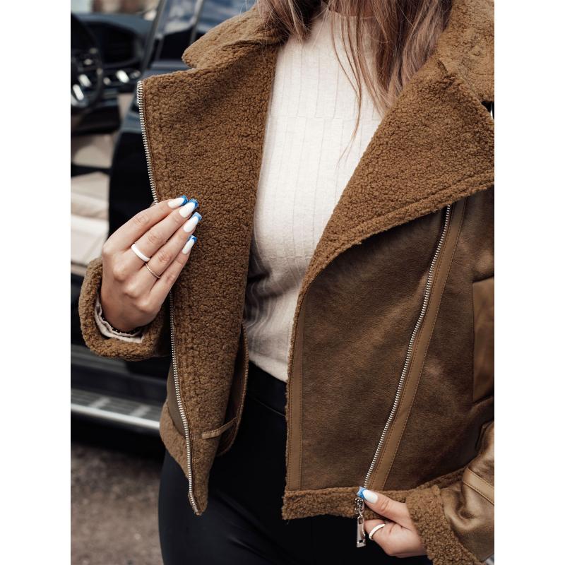 Dámska semišová bunda SOFTSTILL s ovčou kožušinou ťavej farby