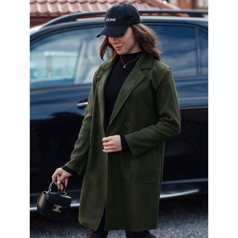 Dámský oversize kabát LINNORE dlouhý olivově zelený