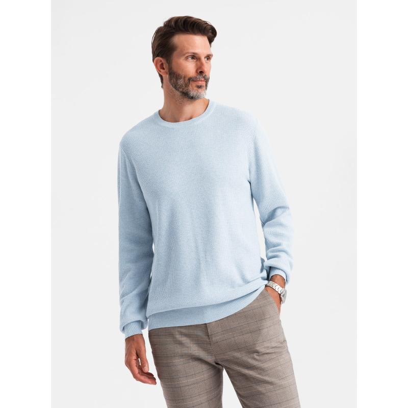 Pánský melanžový strukturovaný pletený svetr - modrý