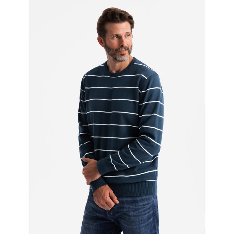 Pánský ležérní svetr s vodorovnými pruhy - tmavě modrý