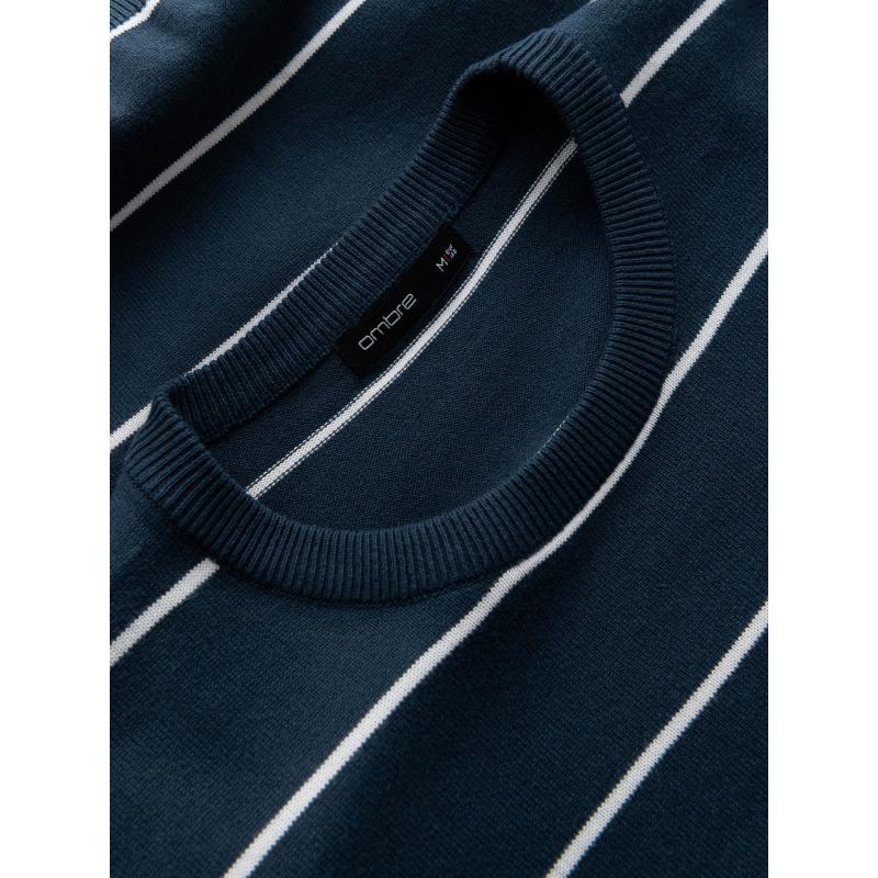Pánský ležérní svetr s vodorovnými pruhy - tmavě modrý