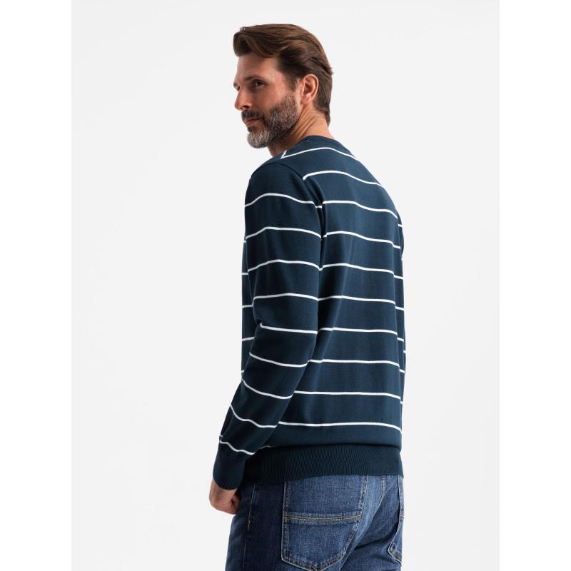 Pánský ležérní svetr s vodorovnými pruhy - tmavě modrý
