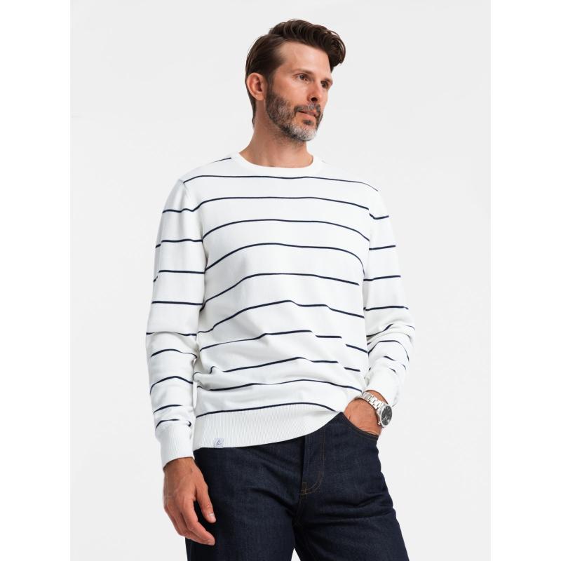 Pánsky ležérny sveter s vodorovnými pruhmi - krémový