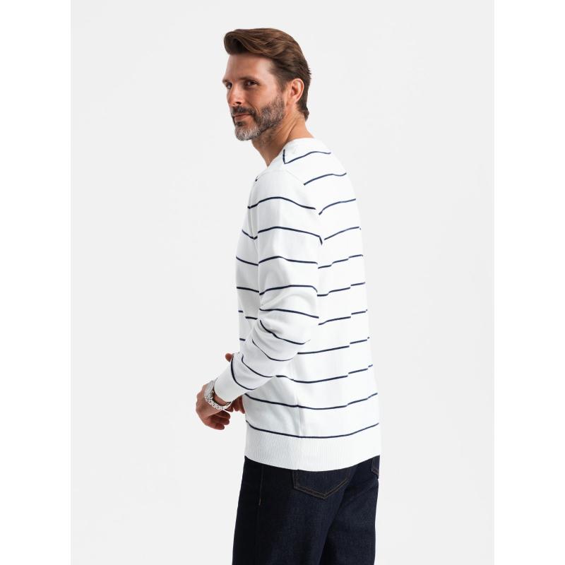 Pánsky ležérny sveter s vodorovnými pruhmi - krémový
