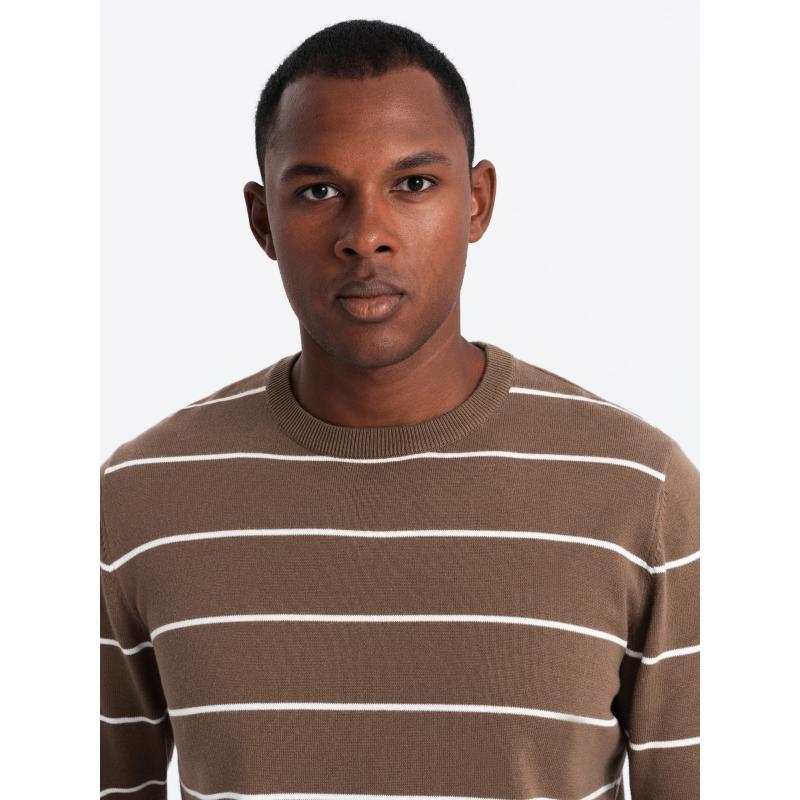 Pánský ležérní svetr s vodorovnými pruhy - hnědý