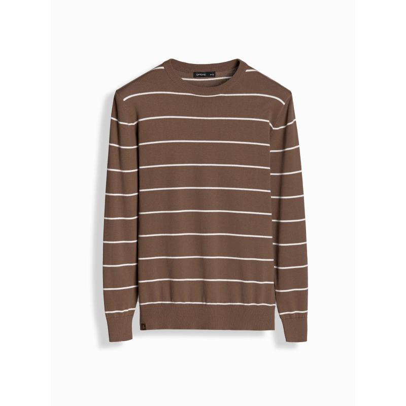 Pánský ležérní svetr s vodorovnými pruhy - hnědý