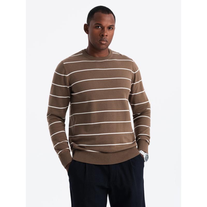 Pánský ležérní svetr s vodorovnými pruhy - hnědý