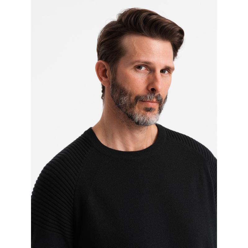 Férfi raglan pulóver bordázott ujjakkal - fekete