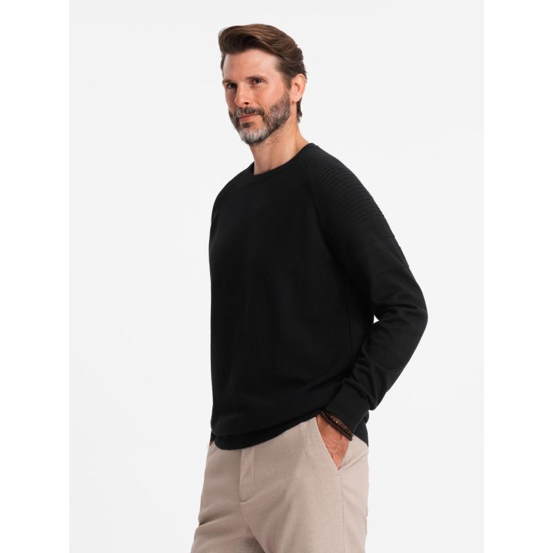 Férfi raglan pulóver bordázott ujjakkal - fekete