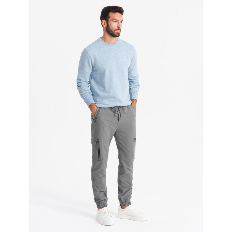 Pánské tepláky s cargo kapsami a potiskem - šedé