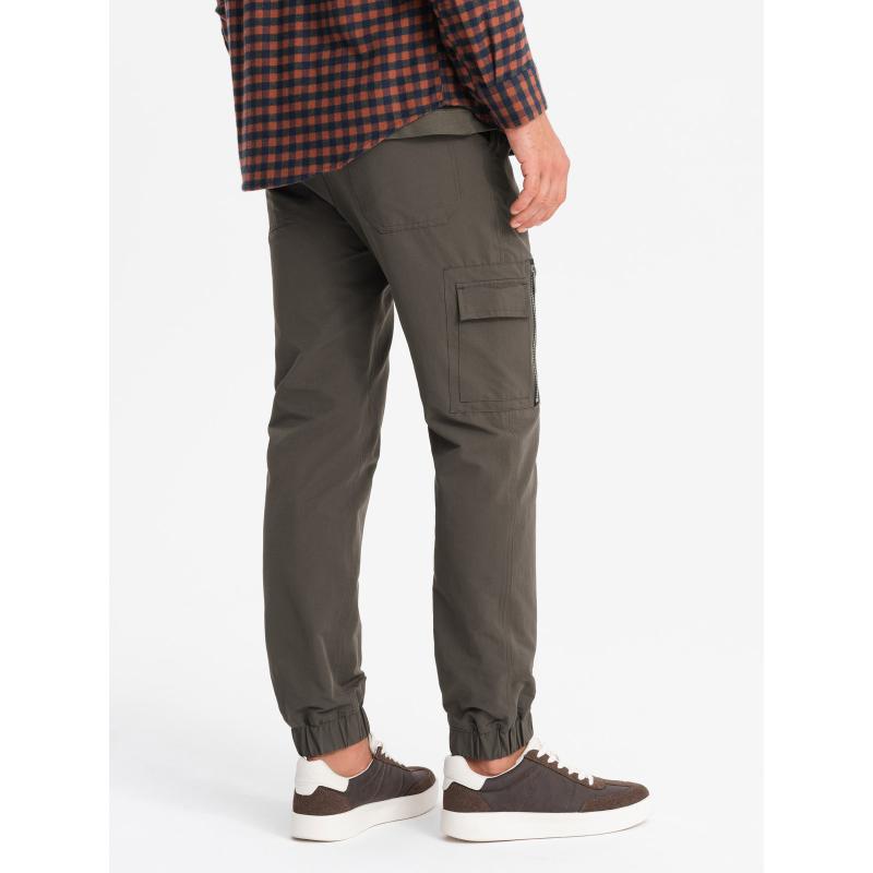 Pánské kalhoty jogger s kapsami cargo a potiskem - tmavě olivově zelené