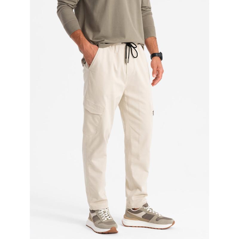 Pánské pletené tepláky s cargo kapsami - krémové