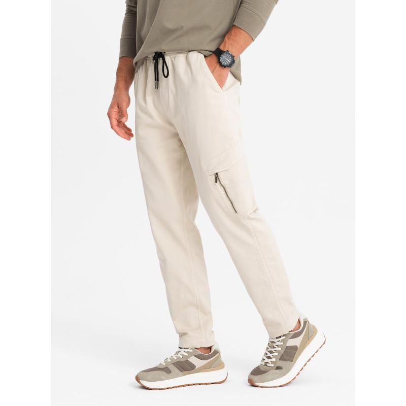 Pánské pletené tepláky s cargo kapsami - krémové