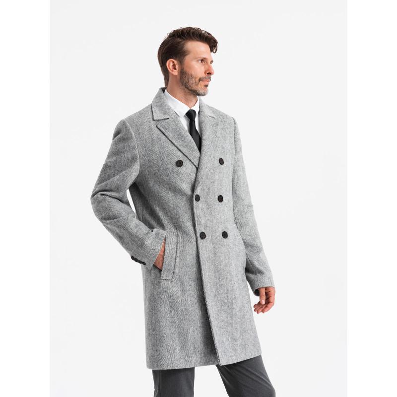 Elegáns, kétsoros, halszálkás férfi kabát - szürke