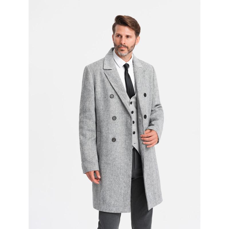 Elegáns, kétsoros, halszálkás férfi kabát - szürke