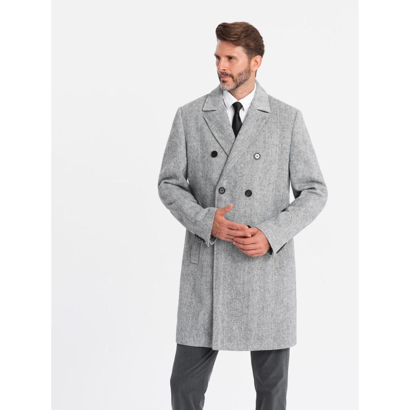Elegáns, kétsoros, halszálkás férfi kabát - szürke