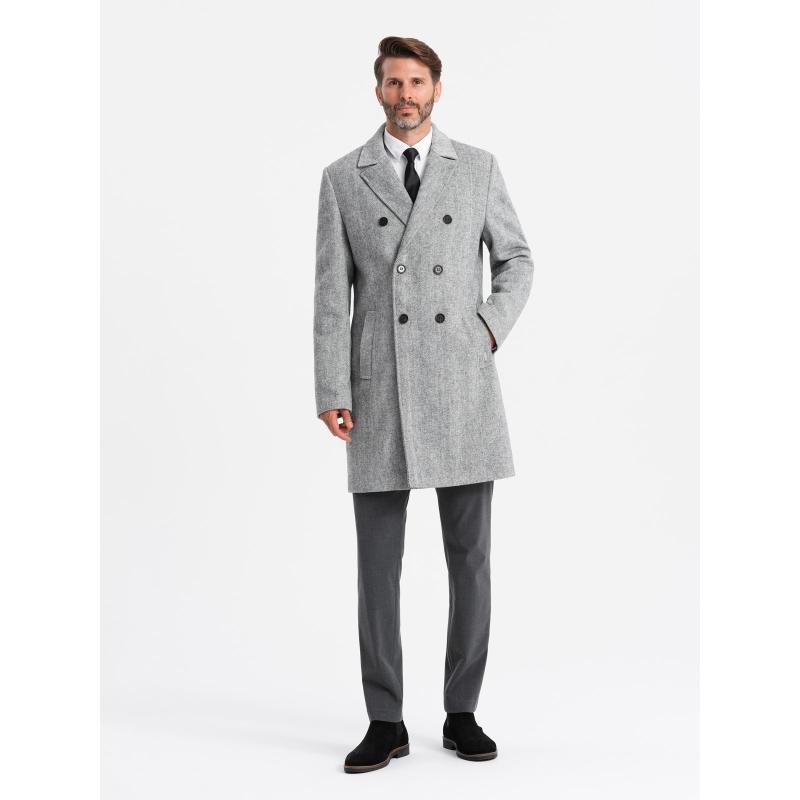 Elegáns, kétsoros, halszálkás férfi kabát - szürke