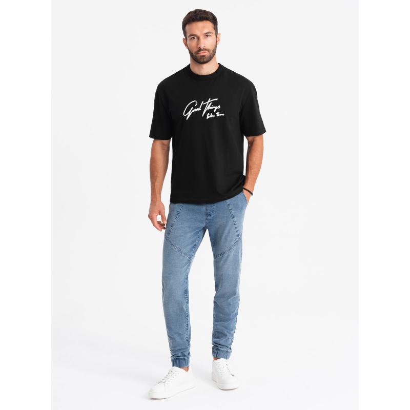 Pánské džínové tepláky s asymetrickým prošíváním - modré