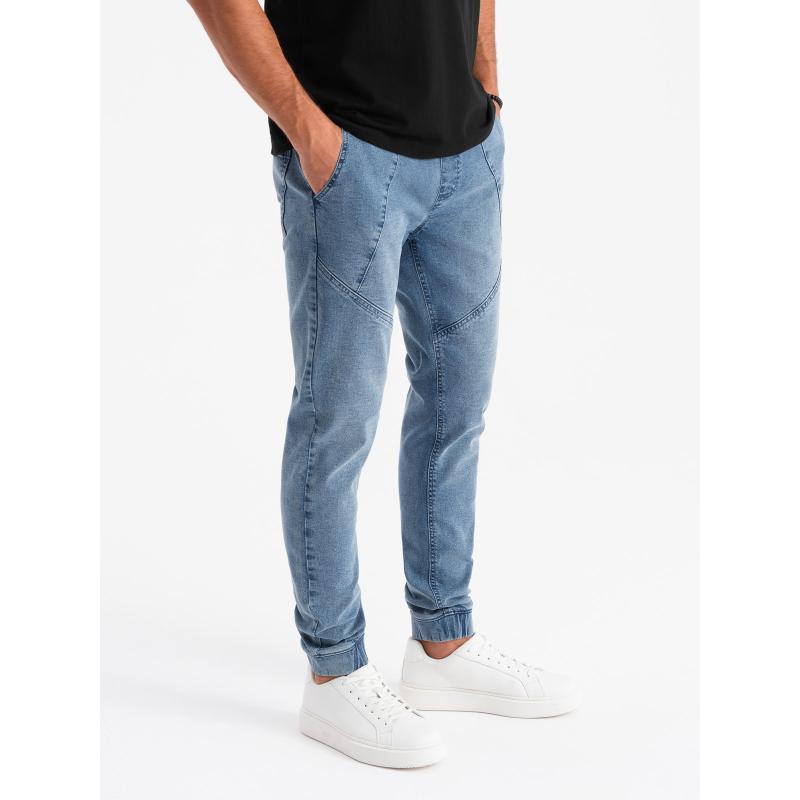 Pánské džínové tepláky s asymetrickým prošíváním - modré