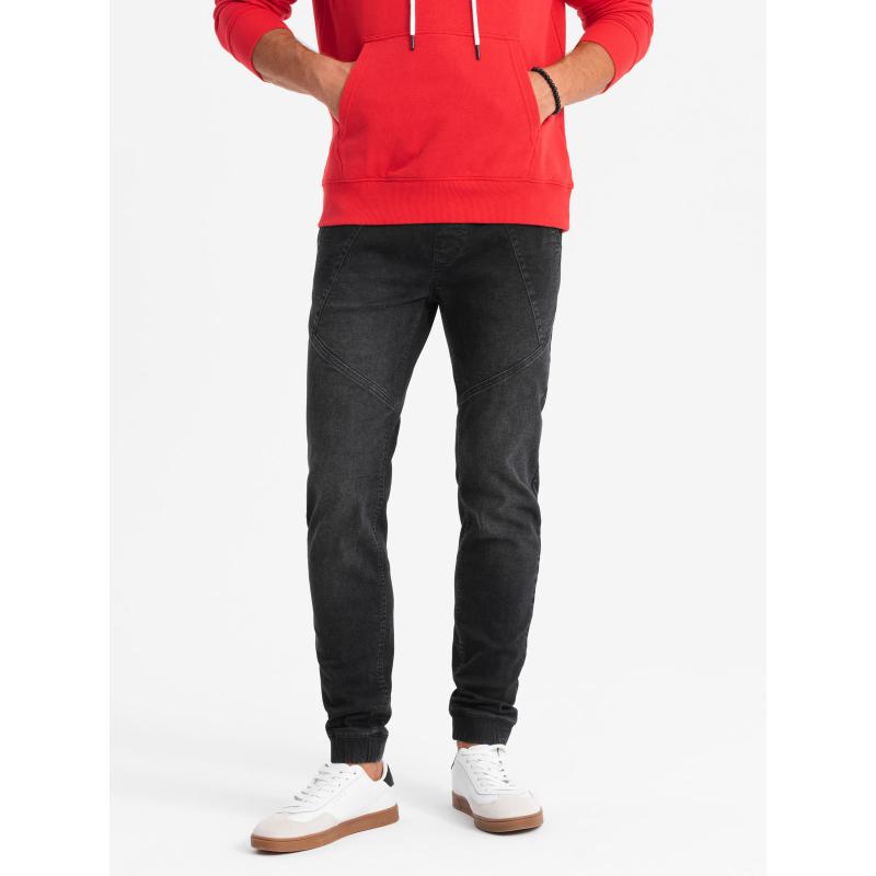 Pánské džínové tepláky s asymetrickým prošíváním - černé