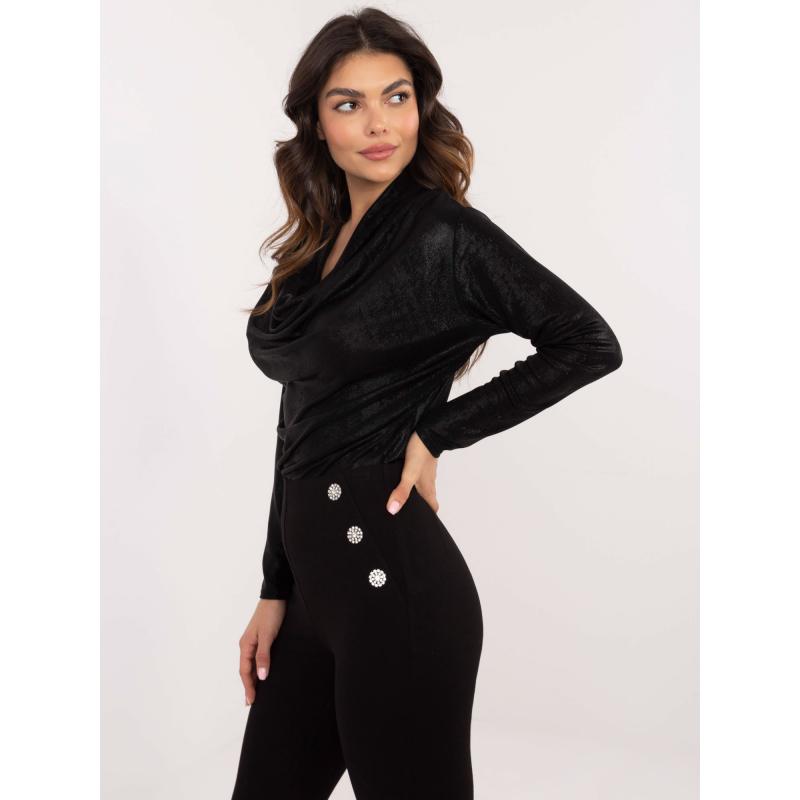 Fekete drapírozott fényes blúz