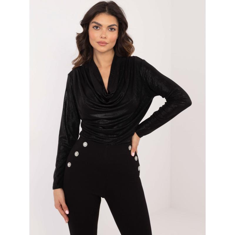 Fekete drapírozott fényes blúz