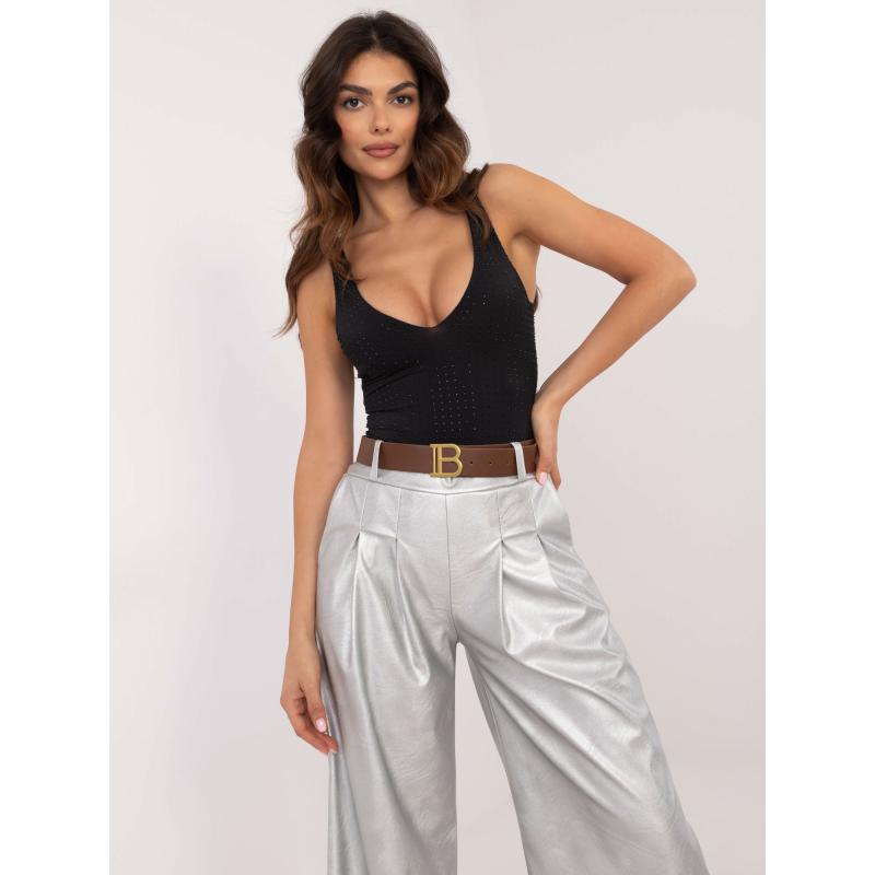 Ezüstszínű női ökobőr nadrág zsebekkel